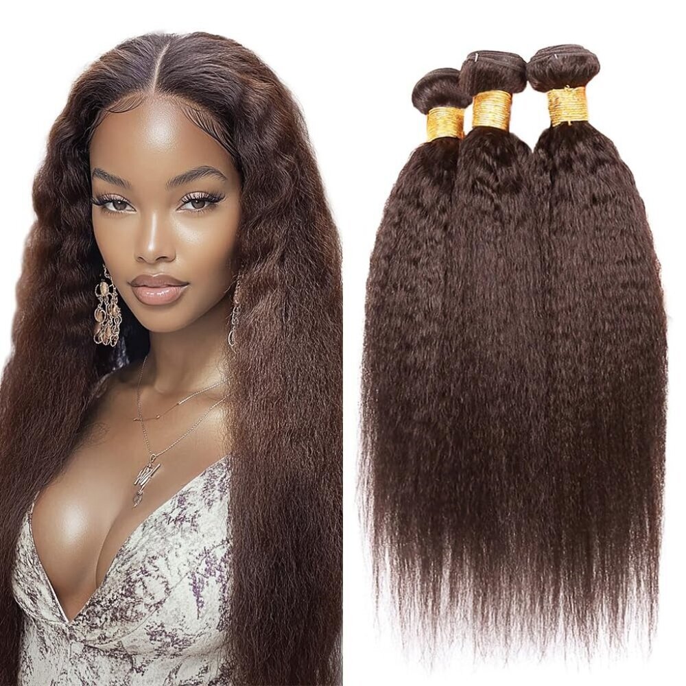 Human Hair Bundles Brown Yaki Straight 26-30 Inch Natural Look Dark